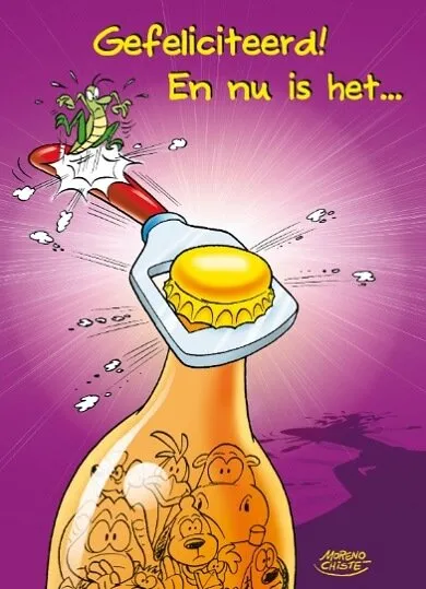 Een feestelijke afbeelding met een fles en een kurkentrekker, met vrolijke dieren.