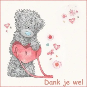 Een schattige teddybeer met een hart en bloemen, met de tekst “Dank je wel”.