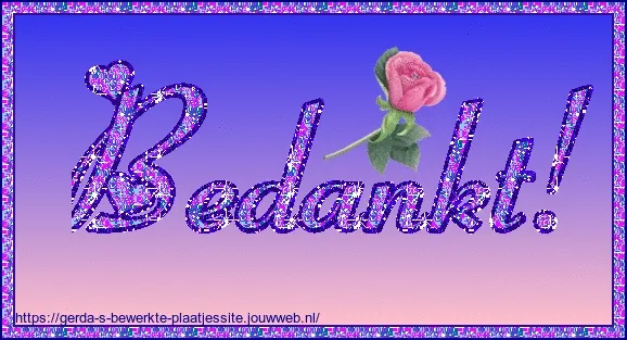 Tekst "Bedankt!" met een roos op een kleurrijke achtergrond.