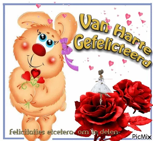 Een schattig konijn met bloemen en ballonnen, met de tekst 'Van Harte Gefeliciteerd'.