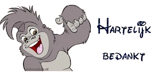Een cartoongorilla met een vrolijke uitdrukking en de tekst "Hartelijk Bedankt".