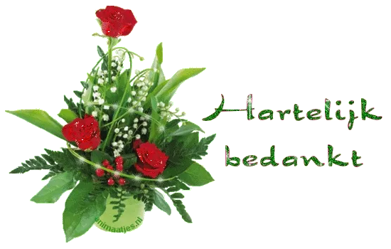 Aangeklede vaas met rozen en lelietjes-van-dalen, met tekst "Hartelijk bedankt".