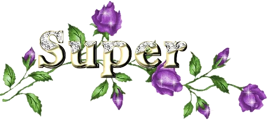 Tekst "Super" omgeven door paarse rozen en groene bladeren.