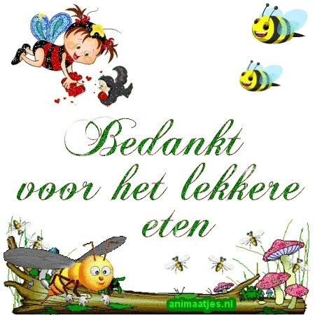 Een kind met vleugels, bijen, en bloemen met de tekst 'Bedankt voor het lekkere eten'.