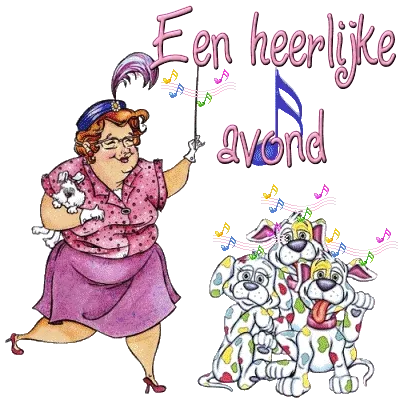 Vrouw met een hond en drie vrolijke honden, omringd door muzieknoten.