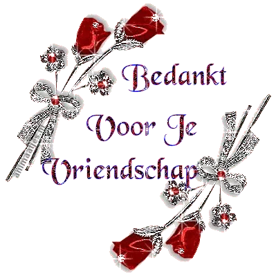 Tekst met "Bedankt voor je vriendschap" omringd door rode rozen en strikken.