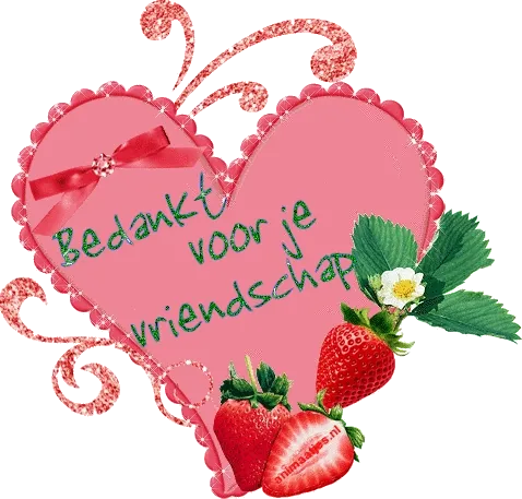 Roze hart met tekst 'Bedankt voor je vriendschap' en aardbeien.