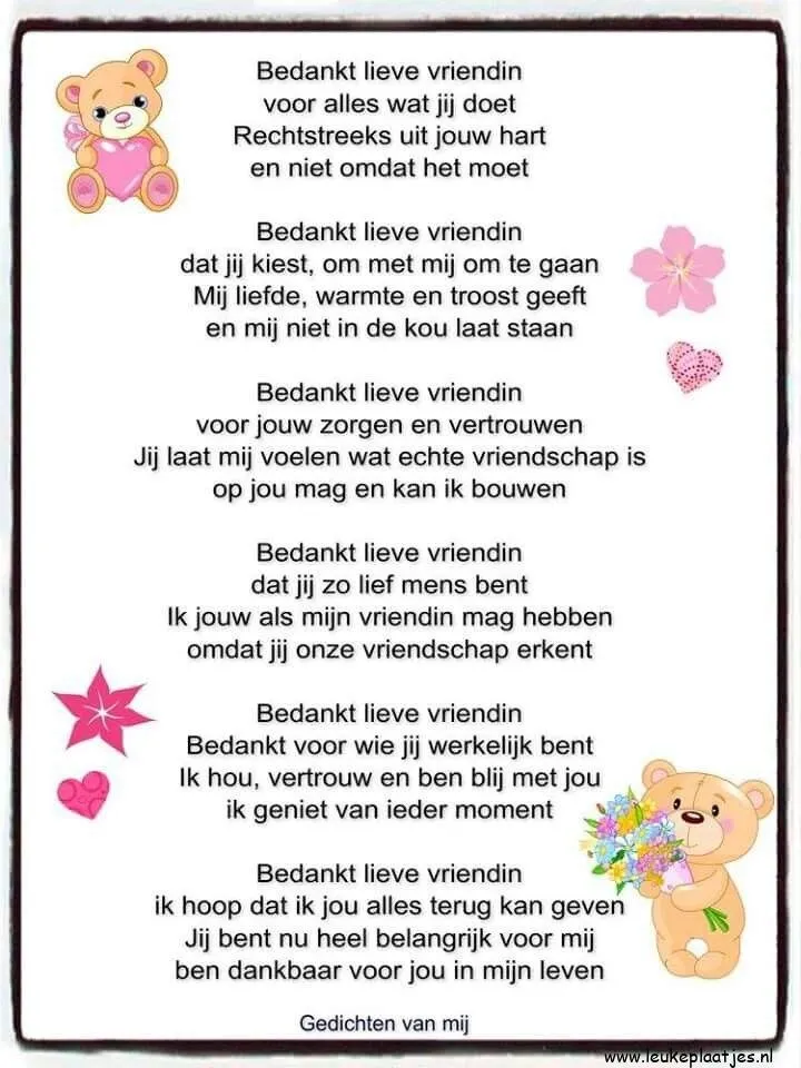 Gedicht voor een vriendin over liefde, steun en waardering. Mét tekeningen van een beer en bloemen.