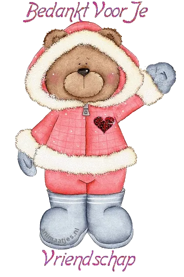 Een schattige teddybeer in winterkleding met een hartje en de tekst "Bedankt Voor Je Vriendschap".