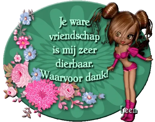 Een schattige pop met bloemen en de tekst over ware vriendschap. Naam: Leen.