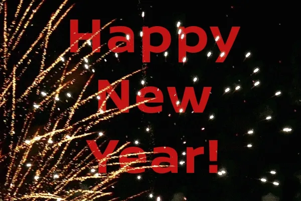 Feestelijke vuurwerkshow met de tekst "Gelukkig nieuwjaar!" in het midden.