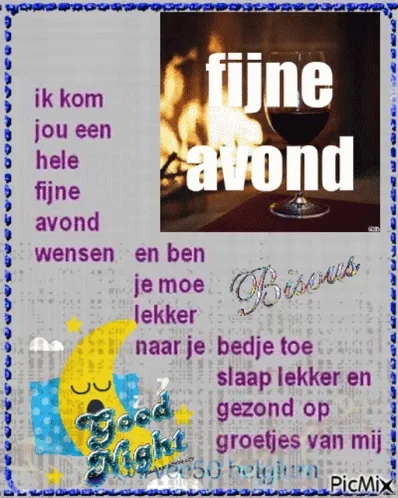 Kleurige afbeelding met teksten over een fijne avond en goede nachtwensen.