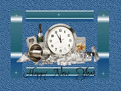 Klok en champagne glazen op een achtergrond voor het nieuwjaar. Happy New Year tekst.