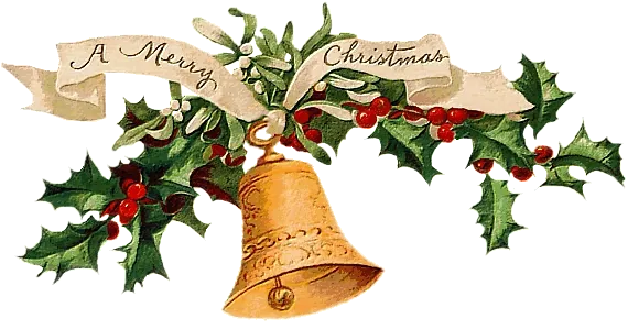 Een gouden bel versierd met hulst en een banner met 'A Merry Christmas'.