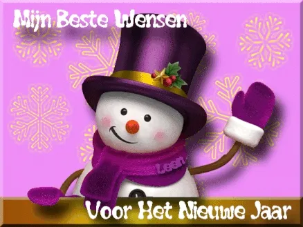Een vrolijke sneeuwpop met een hoed en sjaal, die nieuwjaarsgroeten overbrengt.