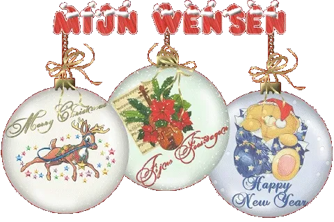 Drie kerstballen met verschillende wensen voor het nieuwe jaar.