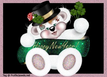 Een schattige beer met een hoed en klavertjes, verwelkomt het nieuwe jaar.