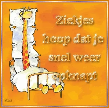 Een giraffe in bed met kussens, met de tekst over beterschap.