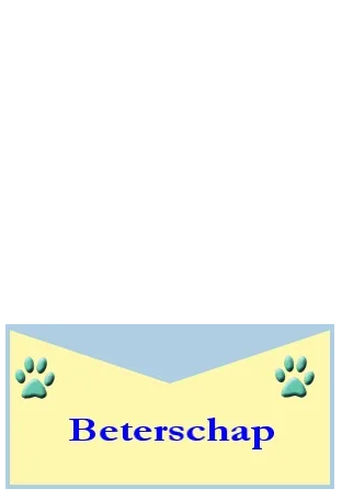 Kaart met een vrolijke achtergrond en de tekst "Beterschap" en pootafdrukken.