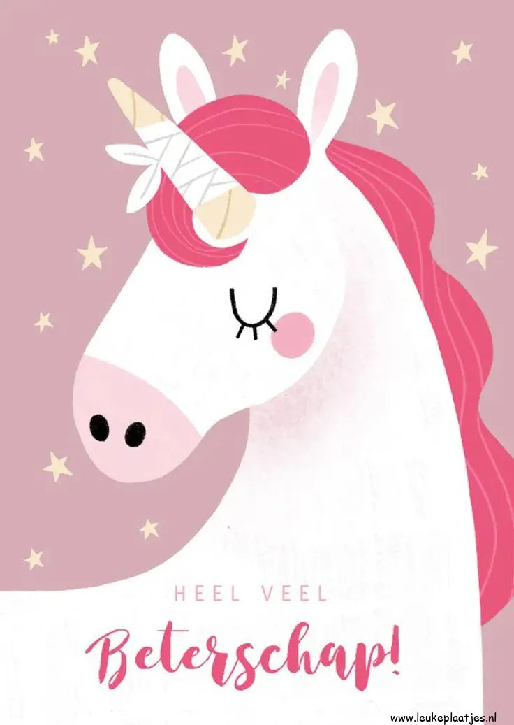 Witte eenhoorn met roze manen en sterren op een roze achtergrond. Tekst: "Heel veel beterschap!"