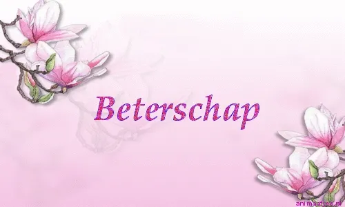 Roze bloemen met de tekst "Beterschap" op een zachte roze achtergrond.