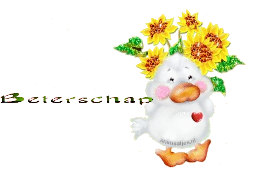 Een schattige eend met zonnebloemen op zijn hoofd en een hartje.