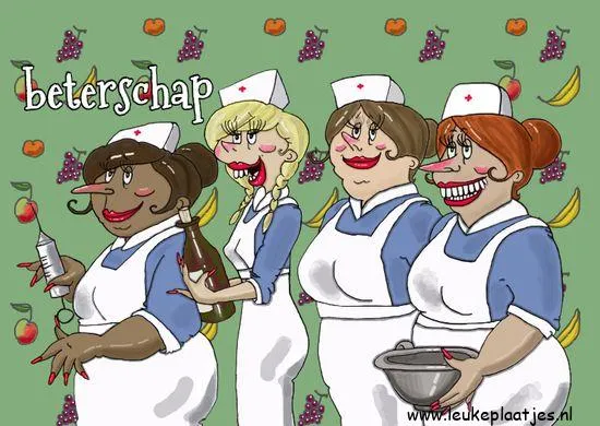 Vier vrouwen in verpleegstersuniform met vrolijke gezichten en een kleurrijke achtergrond.