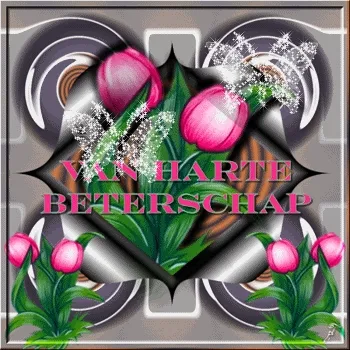 Kleurrijke kaart met bloemen en de tekst "Van harte beterschap" in het midden.