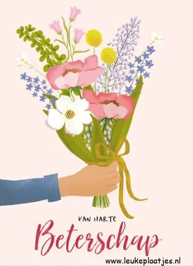ᐅ beterschap vrouw - Beterschap plaatjes Een hand die een boeket bloemen voorstelt met de tekst "Van harte beterschap".