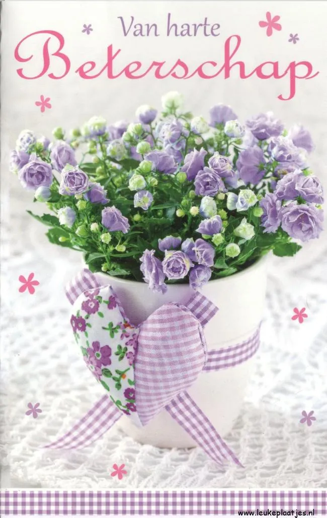 ᐅ beterschap vrouw - Beterschap plaatjes Een pot met paarse bloemen en een hartje, met de tekst 'Van harte beterschap'.