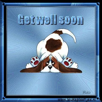 Teknisch een cartoonachtige hond met een droevige houding en "Beterschap" tekst.