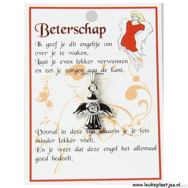 Zilveren engel hangertje met strass steentje op kaart met tekst "Beterschap".