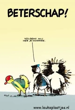 Een cartoon van een gele eend die tegen een persoon met diarree spreekt.