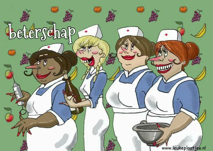 Vijf vrolijke verpleegsters met fruit op een kleurrijke achtergrond.