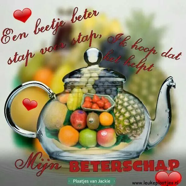 Glazen theepot gevuld met fruit, tekst over gezondheid en ondersteuning.