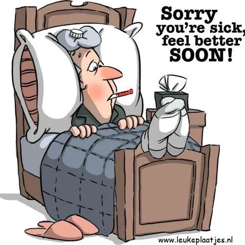 Man ligt ziek in bed met een thermometer en een zakdoek. Bovenstaande tekst biedt beterschap.