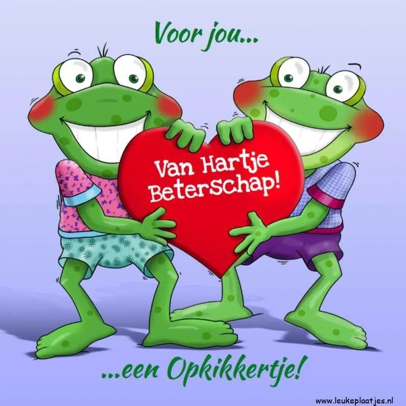 Twee vrolijke kikkers houden een hart vast met de tekst "Van Hartje Betschap!"