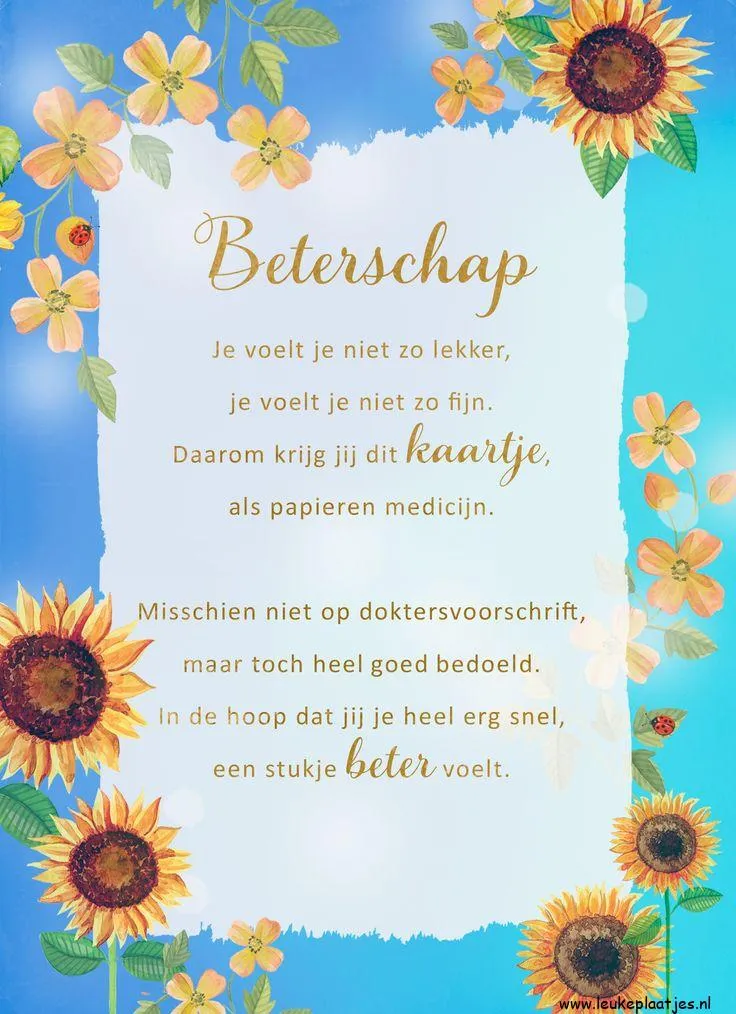 Een vrolijke kaart met zonnebloemen en bemoedigende tekst over beterschap.