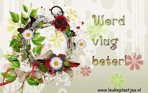 ᐅ beterschapswensen man - Beterschap plaatjes Decoratieve krans met bloemen en tekst "Word vlug beter!" op een lichte achtergrond.