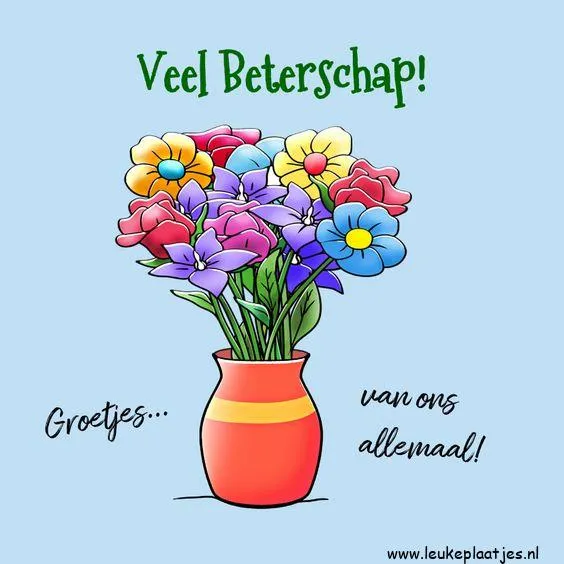 ᐅ beterschapswensen man - Beterschap plaatjes Een bloemenvaas met kleurrijke bloemen en de tekst "Veel Beterschap!" erop.