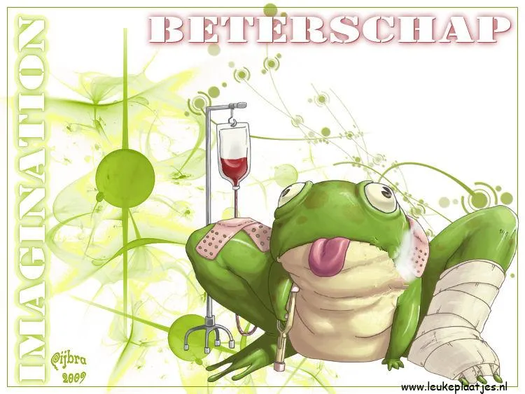ᐅ beterschapswensen man - Beterschap plaatjes Een cartoonachtige kikker met een infuus, verband en een bemoedigende boodschap.