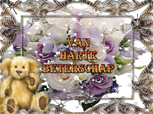 ᐅ beterschapswensen man - Beterschap plaatjes Een schattige teddybeer met bloemen en de tekst "Van harte beterschap".