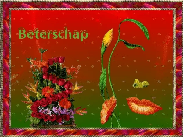 ᐅ beterschapswensen man - Beterschap plaatjes Bloemenarrangement met de tekst "Beterschap" op een kleurrijke achtergrond.