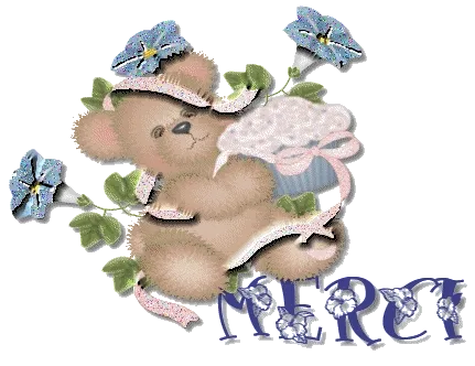 Een schattige teddybeer met bloemen en de tekst 'Merci'.