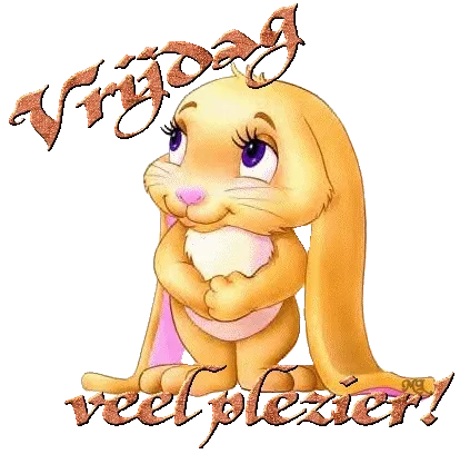 Een schattig konijn met de tekst 'Vrijdag veel plezier!' erboven.