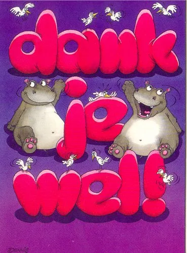 Twee vrolijke nijlpaarden met de tekst "dank je wel!" op een paarse achtergrond.