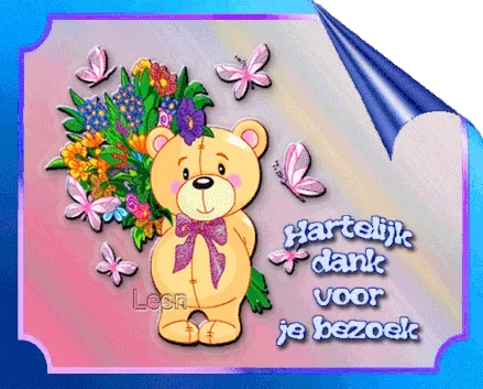 Een schattige teddybeer met bloemen en een bedanktekst.