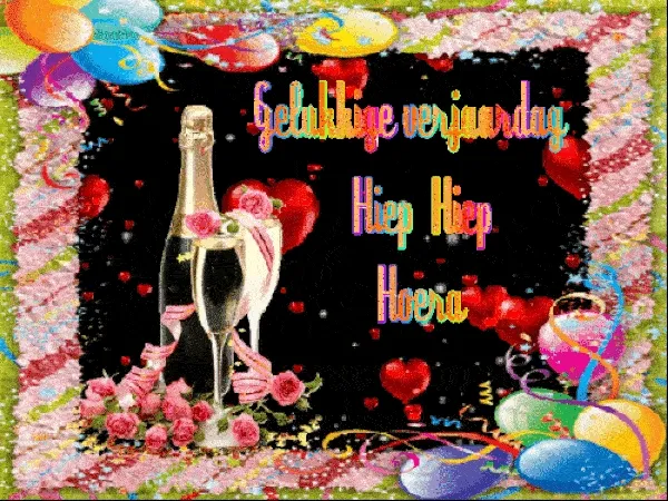 Bijna jarige: champagne, rozen en kleurrijke versieringen op een feestelijke achtergrond.