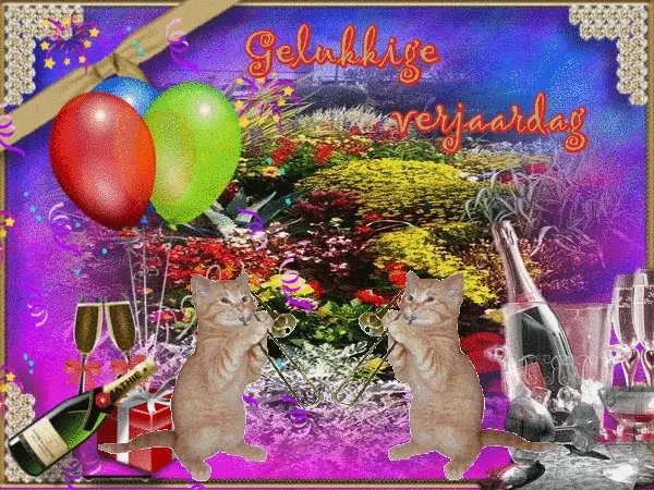 Twee katten met trompetten, ballonnen en feestdecoraties voor een verjaardagsfeest.