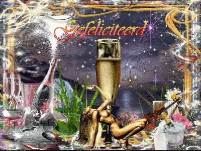 Feestelijk ontwerp met champagne en een vrouw, versierd met bloemen en sterren.